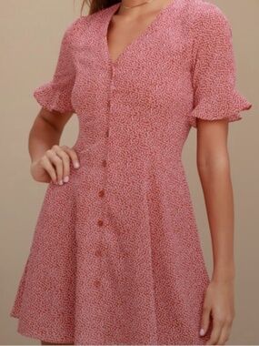 Lulus Castana Rust Red White Dot Print Button-Up Dress Size XS